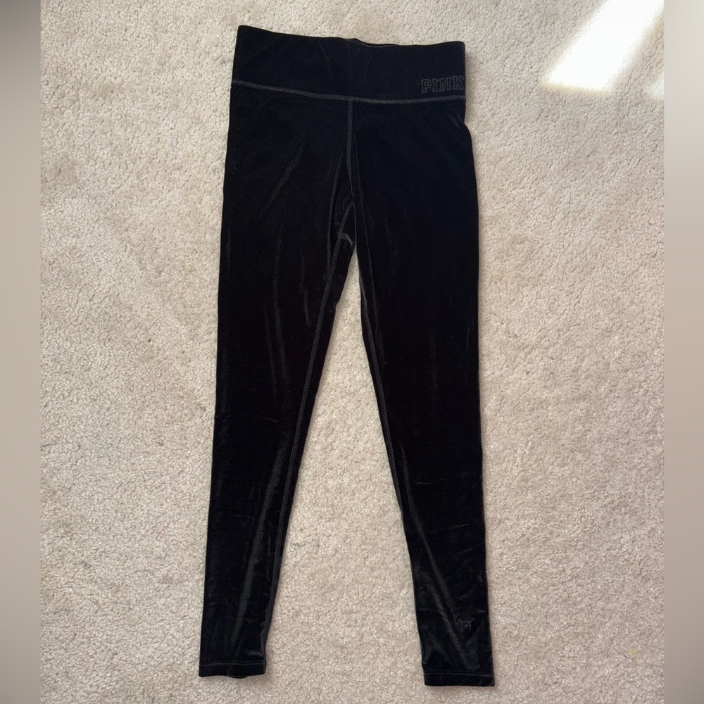NWT VICTORIA’S SECRET PINK YOGA WOMEN’S VELVET VELOUR BLACK LEGGINGS SIZE: SMALL